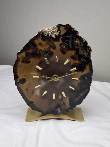 Vintage Mid Century Agate Stone Desk Clock MCM Brass Pedastal Germany Junghans Cover