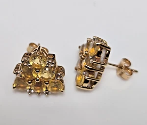 9ct Yellow Gold Stud Earrings Yellow Citrine and Diamonds Size:13.3mm x 12.8mm - Picture 1 of 7