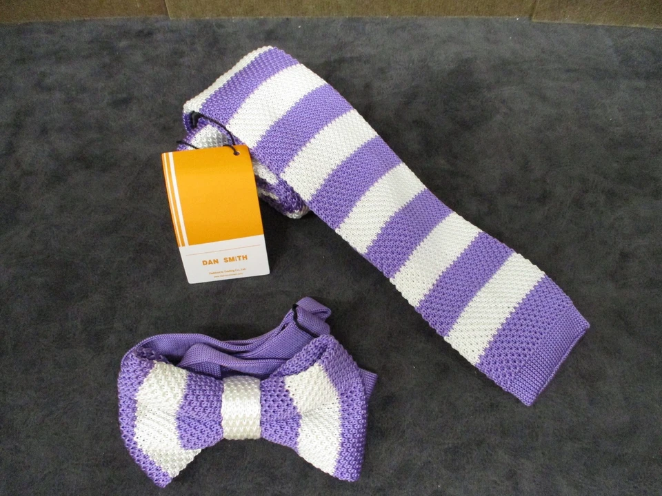 TOTALMENTE NUEVO Dan Smith Tejido Microfibra 2" Corbata Pajarita Combo Púrpura Blanco Rayas Foto 1 de 3