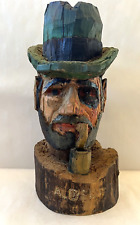 Vintage Folk Art Wood Carved Man Bust with Black Eye and Pipe