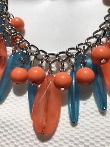 Coral Color and Translucent Light Blue Beaded Necklace and Earring Set. Silver T