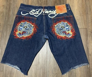 VTG Ed Hardy Embroidered Denim Shorts Mens 36 Raw Hem Y2K Streetwear Skate Tiger - Picture 1 of 12