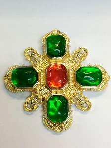 Große Vintage Stil Brosche Kreuzform Gold Pl Rot Cabochon Grün Cabochons - Bild 1 von 5