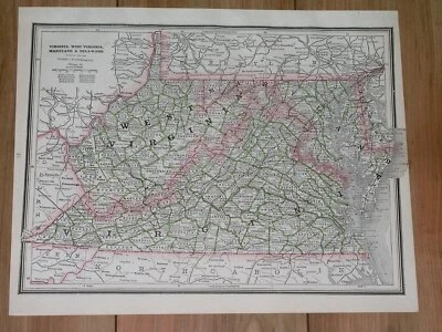 MAPA ANTIGUO ORIGINAL DE VIRGINIA 1886 / VIRGINIA OCCIDENTAL / DELAWARE Foto 1 de 4