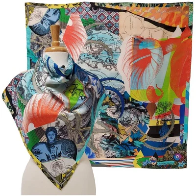 BUFANDA CHRISTIAN LACROIX MAPA EXÓTICO ESTAMPADO DE FLORES SEDA FOULARD CUADRADO 35" Foto 1 de 4