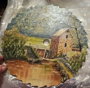 GRIST ? MILL WATER WHEEL HAND PAINTED SCENE ON 8" CIRCULAR SAW BLADE Signed - Picture 1 of 3