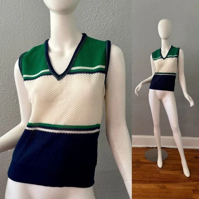 Suéter Chaleco Top Vintage Años 70 Retro Verde Preppy Tejido M Foto 1 de 4