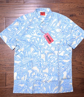 Hugo Boss Mens Ebor Short Sleeve Straight Fit Floral Print Cotton Casual Shirt L - Image 1 of 4