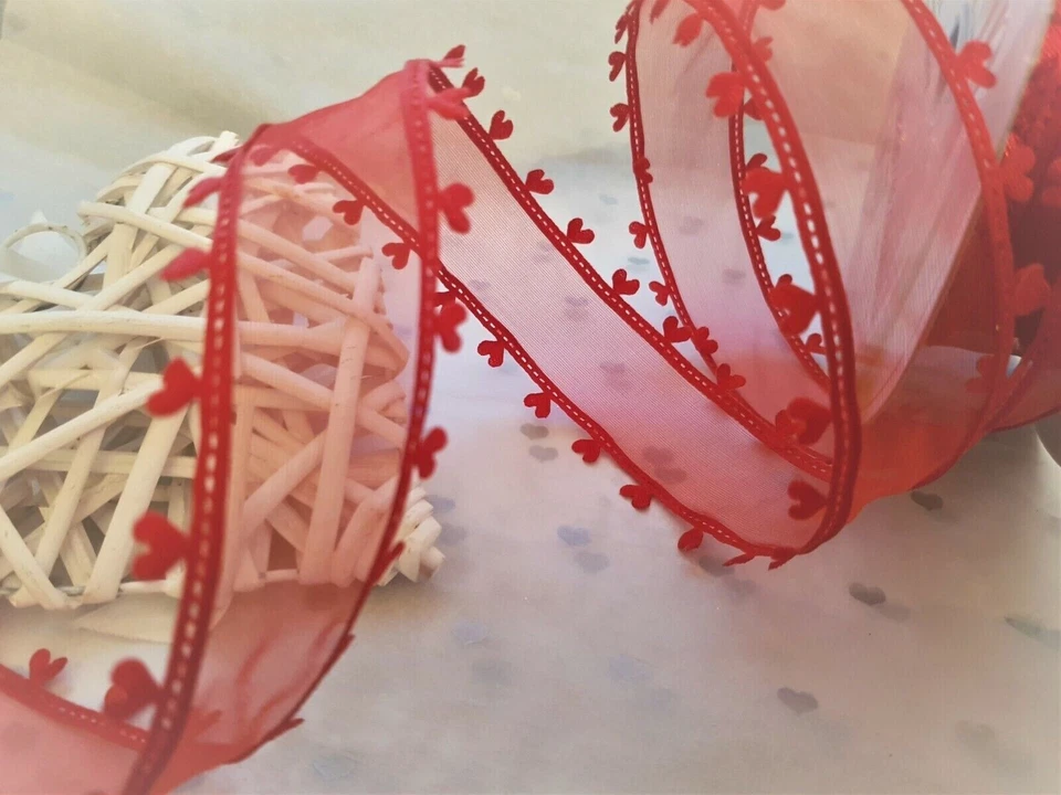 LOVE HEART EDGES Sheer Red Organza Valentine - Luxury Wire Edge Ribbon Low Stock - Image 1 of 1