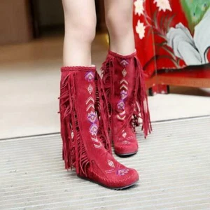 New Women Wedge Bohemian Heels Tassel Embroidery Pull On Knee High Boots Shoes @ - Picture 1 of 16