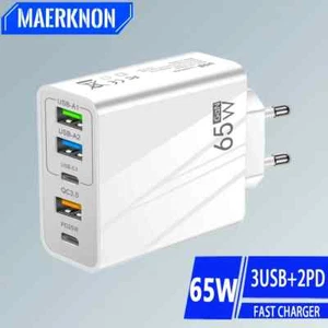 Chargeur Rapide 5 Ports QC 3.0 Pour Téléphone 65W GaN - 3USB-A/2USB Type-C - Photo 1 sur 9