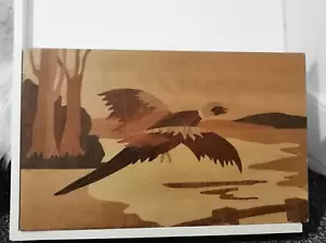 Antigua placa de cuadro con incrustación de madera de marquetería ¿faisán volador? Pájaro - Imagen 1 de 5