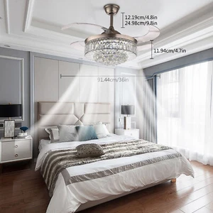36 Inch Retractable Blades Ceiling Fan Light with Remote Control LED Crystal - Picture 1 of 17