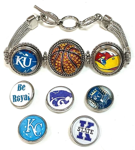 University of Kansas Jay Hawks NCAA Metal Snap Button Bracelet Charm W/ Extras Cover