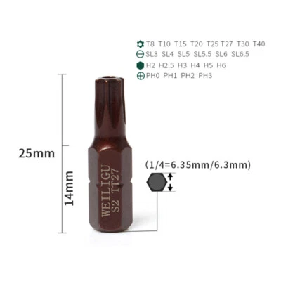 Torx/Cross/Hex/Slot Bit Drill Magnetic S2 Steel Screwdriver Bits /4" Hex Shank - Image 1 of 4