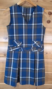 VTG Farrah's San Francisco Plaid Jumper Dress Size 14 Blue Brown USA 70s - Picture 1 of 12