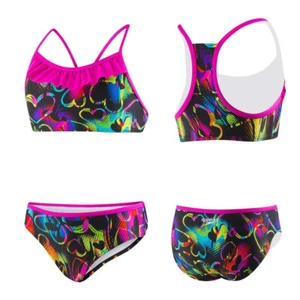 Speedo Girls 2-Piece Tankini Swimsuit Black Neon Love Hearts Printed Cross Back - Picture 1 of 2
