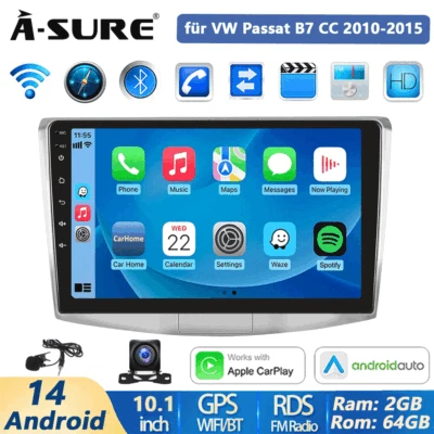 2+64G Android 14 Autoradio Carplay DSP GPS AHD Kam für VW Passat B7 CC 2010-2015 - Bild 1 von 4