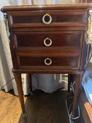 Antique French nighstands with Mahogony, Walnut, Marble & Gold Inlay - Image 1 of 4