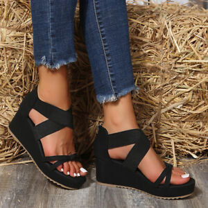 Summer Womens Platform Casual Back Zip Creeper Sandals Wedge Heels Roman Sandals