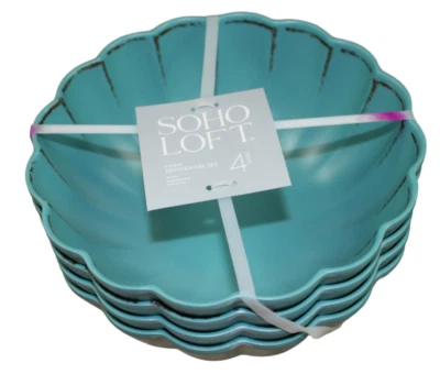 Juego de 4 cuencos Soho Loft verde azulado rústico festoneado melamina 7,5" cereal marrón nuevo con etiquetas Foto 1 de 4