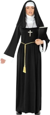 Women`s Black Nun Costume + Cross S - 3XL Ladies Sister Mother Halloween Robe - Image 1 of 4