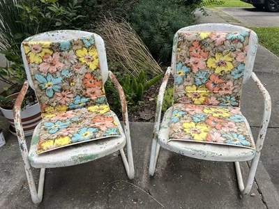 "Par (2) cojines de vinilo florales vintage para asientos de silla de césped retro 34"" X 17""" Foto 1 de 4