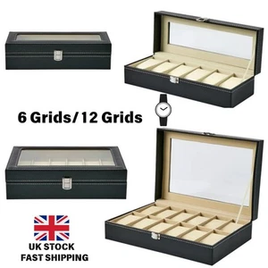 UK Stock 6/12 Grids Watch Box - Faux Leather Lockable Jewelry Organizer Gift - Picture 1 of 15