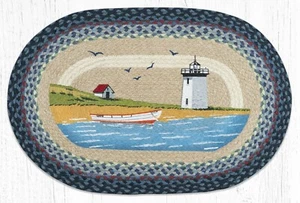 Braided Jute Stenciled Print Oval Area Rug. Earth Rugs. LIGHTHOUSE & BOAT - Picture 1 of 1
