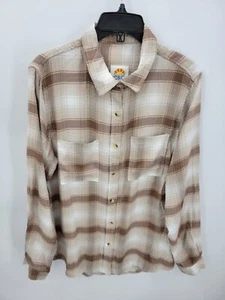 C and C California Top Womens XL Brown Plaid Long Sleeve Button Up Beachy Boho - Picture 1 of 10