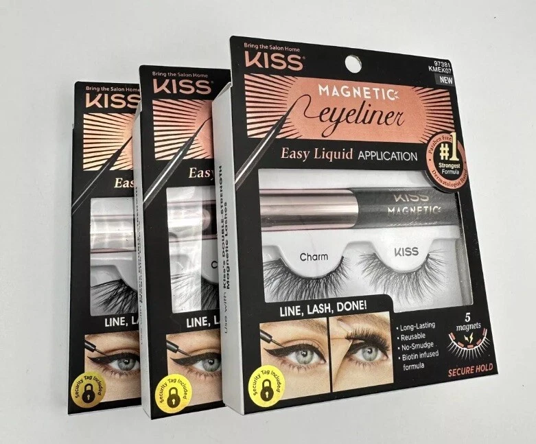 3 pk Kiss Magnetic Eyelashes & Liquid Eyeliner CHARM Faux Mink #97381 NEW SEALED - Image 1 of 1