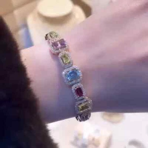 20Ct Emerald Cut Lab Created Multicolor Sapphire Open Bangle 925 Sterling Silver - Picture 1 of 6