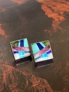 VINTAGE NAVAJo MOSAIK STEIN INLAY GEOMETRISCHE OHRSTECKER TÜRKIS OHRSTECKER - Bild 1 von 7