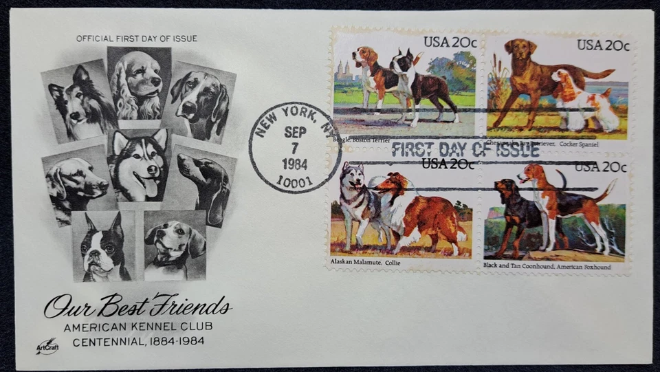 US Stamp Sc 2101a,  Dogs 1984 Block of 4 20 Cent - Artcraft FDC (GJ) - Image 1 of 1