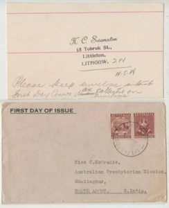 1950 Australia 1er par de sellos centenarios en caché Swanston FDC e inserto en la India - Imagen 1 de 2