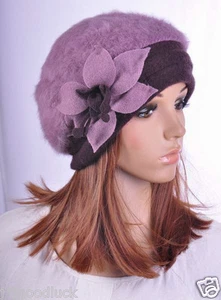 M32 Purple Cute Flower Warm Rabbit Fur Winter Ski Hat Beanie Beret Cap Women's - Picture 1 of 5