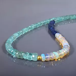 Natural Ethiopian Fire Opal & Emerald 925 Silver 18" Beads Chain Women Necklace - Picture 1 of 5
