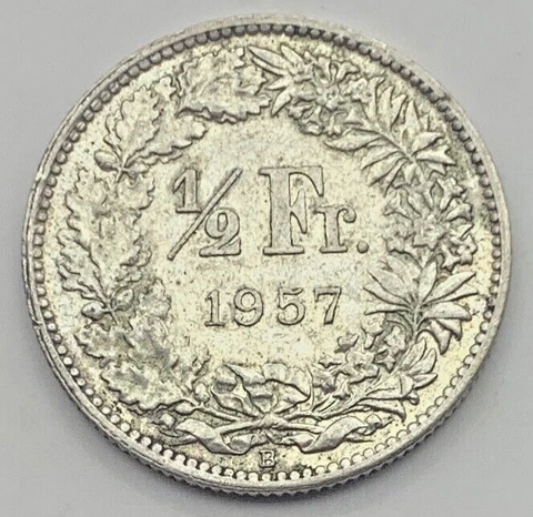 1957-B Switzerland Silver (.8350) 1/2 FRANC- Free Shipping Cover