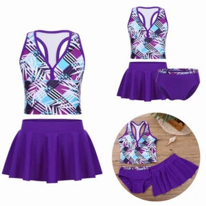 Kids Girls Tankini Printed Swimsuit Swimwear Bathing Suit Swimming Skirt 3 Piece - Picture 1 of 13