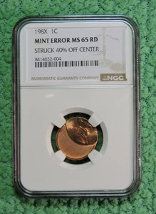 198X LINCOLN 1C - MINT ERROR 40% OFF CENTER - NGC MS 65 RD - Picture 1 of 5