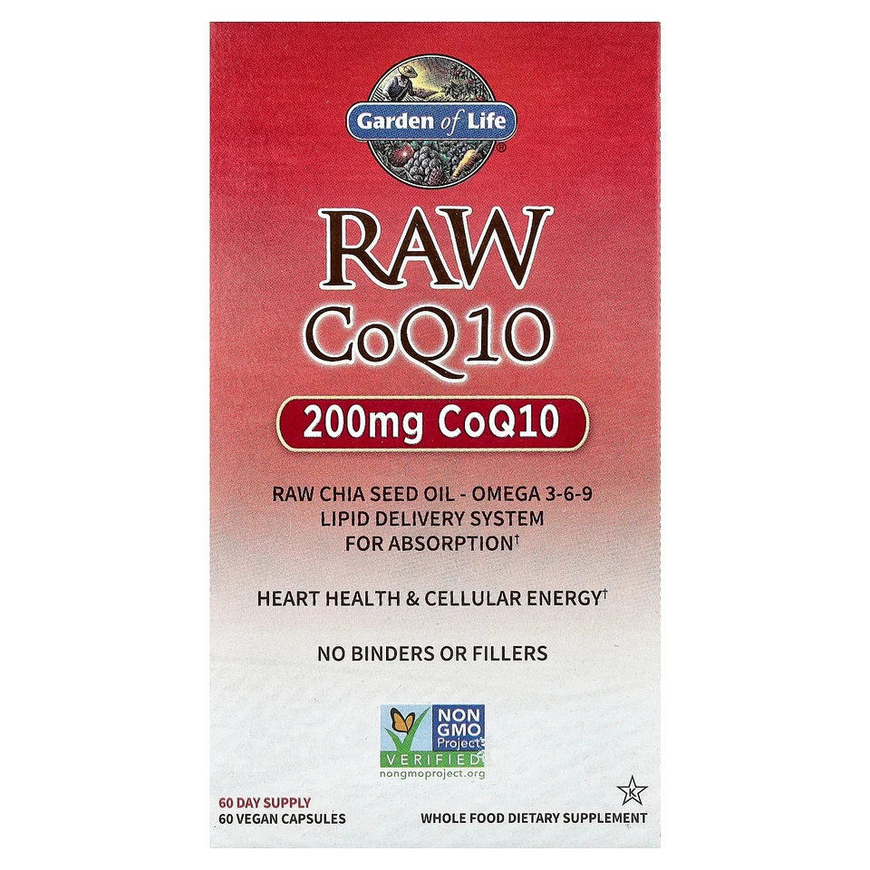 Garden of Life Raw CoQ10 200 mg 60 cápsulas vegetales sin gluten, kosher, sin Foto 1 de 3