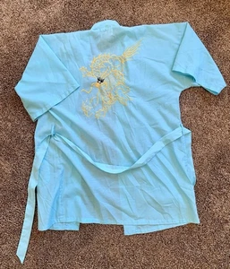 VTG 60s BLUE Daffodil Kimono Robe Dragon Embroidered Pockets Belted Asian  M - Picture 1 of 12