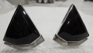 Große Vintage 3 D Sterlingsilber & schwarz facettiertes Glas Dreieck Ohrringe Clip Ons - Bild 1 von 7