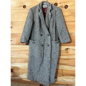 Vintage Bill Blass Damen 100% Wolle Knopf Trenchcoat/langer Mantel. Hering grau/weiß - Bild 1 von 10