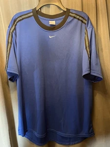 Y2K 2000s Nike Silver Tag Blue Shirt Black White Striped Center Swoosh Size XL - Picture 1 of 5