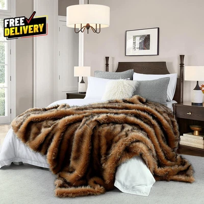 Luxury Plush Faux Fur Blanket King Size Long Pile Brown with Black Tipped Throws - Image 1 of 4