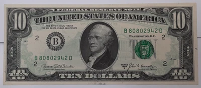 1969-B $10 FRN w/Ink Transfer Error Banuelos/Connolly Fr. 2020-B AU w/Smudges - Image 1 of 3