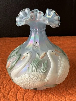 Fenton Blue Satin Iridescent Glass Swan Cattail Case QVC 1999 Handpainted Signed - Image 1 of 4