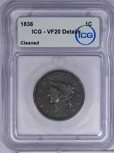 1836 Coronet Head Large Cent 1c ICG VF20 Details - Picture 1 of 2