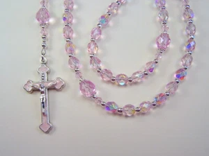 Girls Pink 17" Rosary Catholic Pink Shimmer Czech Glass Chica Rosario - Picture 1 of 12